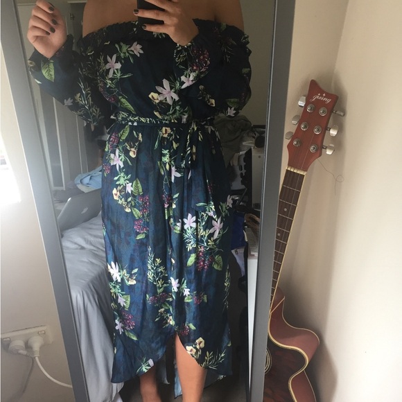 🟢 Sheike Navy Floral Long Sleeve Off Shoulder Dress - Picture 1 of 5